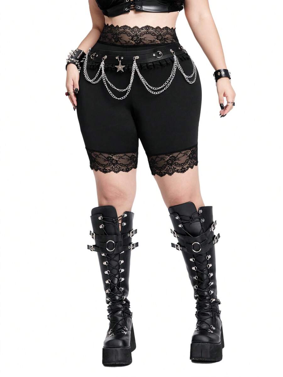 Whyspr Casual Punk Plus Size High Waisted Elastic Solid Color Contrast Lace Leggings - Black - View 1