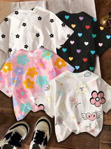 SHEIN Leap Crew 4 件套青少年女孩休闲卡通花朵和心形印花短袖圆领 T 恤，适合夏季 - 彩色 - 查看 2