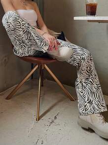 DAZY Women Zebra Print Casual Straight Leg Pants - Black and White - View 6