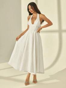 SHEIN PETITE 女式花卉提花深V领露背吊带连衣裙白色女式连衣裙 - 白色 - 查看 1