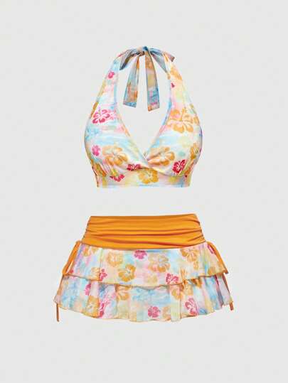 ROMWE Avant 2pcs/Set Women Holiday Floral Print Sleeveless Crop Top And Mini Skirt