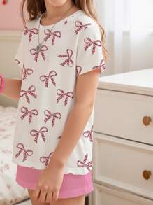 Tween 女童休闲简约蝴蝶结图案圆领短袖短裤睡衣套装，适合夏季 - 彩色 - 查看 3