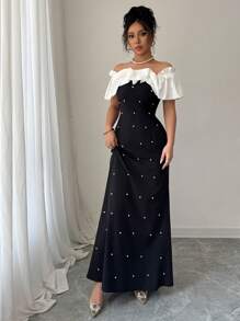 Elenzga Abito elegante con scollo a spalle scoperte, decorato con perline e a blocchi di colore