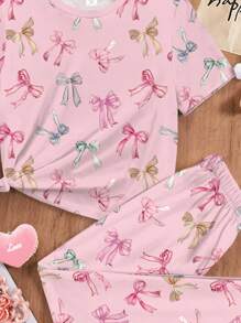 SHEIN Young Girls Casual Slim Fit Round Neck Short Sleeve Pants Home Set, Suitable For Summer - Multicolor - View 5