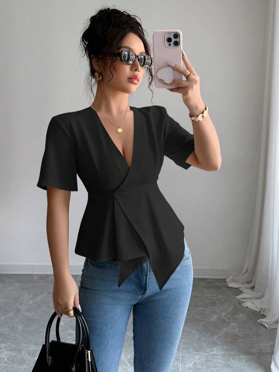 Elenzga Áo sơ mi tay ngắn bất đối xứng, thời trang cho mùa hè - màu đen - Xem 1
