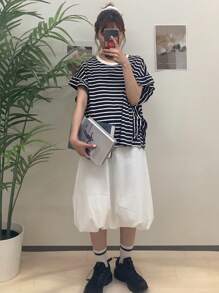 FRIFUL 女士宽松条纹撞色荷叶边拼布T恤