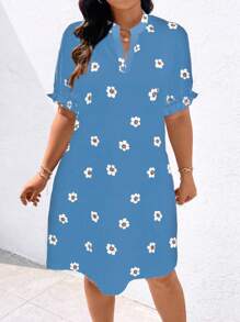 SHEIN LUNE 大码女式雪纺花卉印花 V 领 A 字型泡泡袖中长款优雅休闲春夏连衣裙