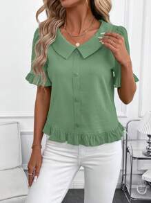 SHEIN Clasi Blusa casual de mujer de unicolor con botones delanteros y mangas cortas, para uso diario, salir, verano para mujeres - verde menta - Ver 7