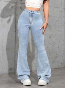 SHEIN Privé 女士高腰喇叭休闲百搭牛仔裤 - 淺色水洗藍 - 查看 4