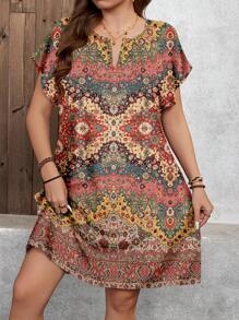 SHEIN LUNE Plus Size Women's Vintage Floral Print V Neck Bat Sleeve Casual Dress,Light Yellow,Summer,Boho,Vacation,Holiday Resort Wear Ladies Sun Dresses - Multicolor - View 1