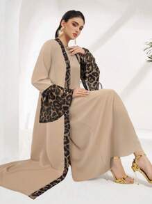 Al Najma 女士豹纹拼接喇叭袖阿拉伯风格套装，朴素 - 卡其色 - 查看 2