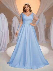 Aureia Plus Size Elegant Luxurious Sheer Long Sleeve Dress, Featuring Crystal Pearl Embroidery, Lace, Mesh And Satin Panels, Large Flare Hem, Ideal For Wedding, Engagement Party, Honeymoon, Bride