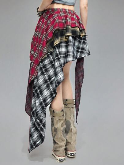 Grunge Punk Grunge Vintage Edgy American Plaid Patchwork Asymmetrical Hem Layered Women Skirt