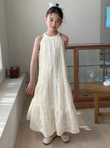 DAZY Tween Girl Burn-Out Embroidered Ruffle Hem Halter Sleeveless Dress, Summer - White - View 3