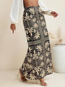 JIAN LASALA Boho Printed Ruffle Hem Vacation Casual Skirt Women Summer Women Skirts Hawaii Women Ankara Skirts Resort Wear Rave Festival Vintage Homecoming Fall Women Going Out Skirt - Black - View 2