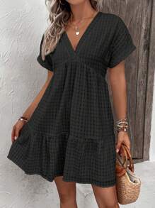 Breezaya Plus Size Women's Fashion Casual Checkered Bubble Pattern V-Neck Loose Hem Short Dress, Spring & Summer - Black - View 6