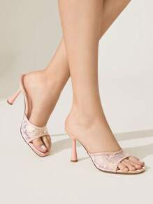 CUCCOO CHICEST Women's Elegant Square Toe Mesh & Sequin Stiletto Mid Heel Pumps, Simple Design Comfy Office Work Casual Slip-On Party Dress Shoes, Pink - Dusty Pink - View 3