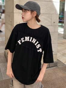 FRIFUL Maglietta nera plissettata da donna con grafica a lettere, adatta per concerti musicali, t-shirt oversize, abbigliamento autunnale - nero - Visualizzare 3