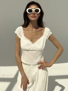 Aloruh Women Casual Solid Color Lace Trim Blouse, Summer