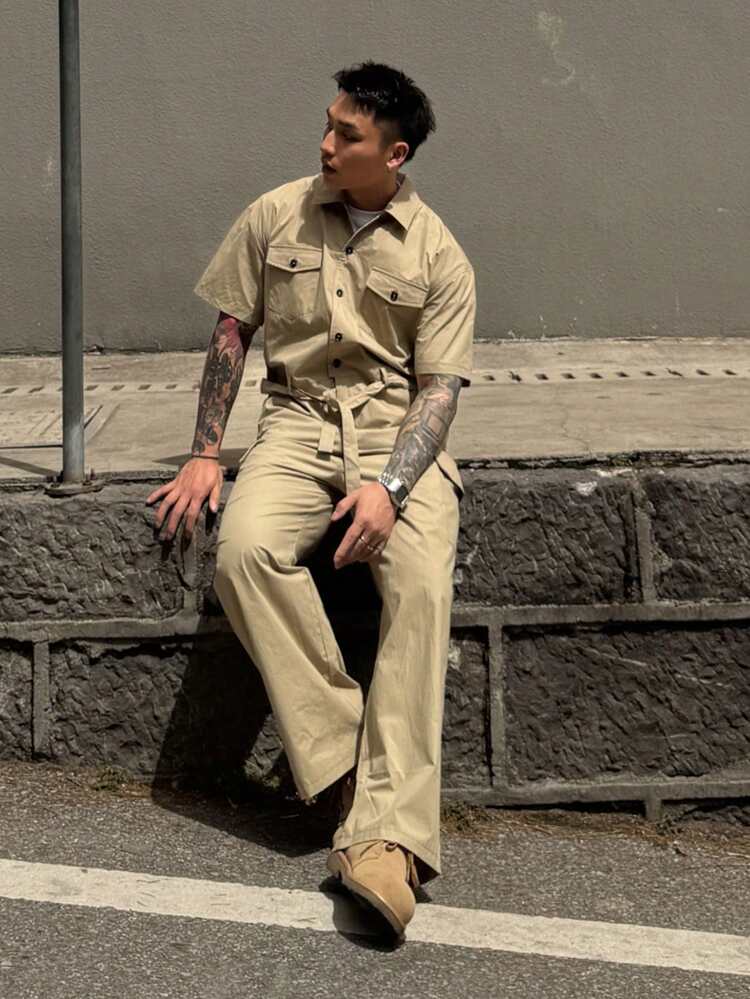 Solid Color Khaki Cargo Pants For Men, Spring/Summer