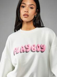 Missguided x Playboy Classic Bubble Letter Logo Sweatshirt Loungewear Set With Bunny Back Print Oversized Athleisure Streetwear Winter Cozy Casual - White - View 4