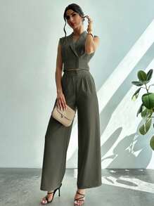 Firerie Women's Elegant Blazer Collar Cinched Waist Shirt + Straight Leg Pants 2 Pieces Set - Army Green - View 5