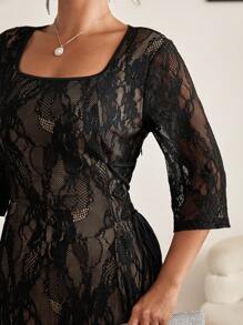 SHEIN Clasi Plus Size Romantic And Elegant Square Collar Side Strap Design Black Lace Dress,Lace Dress - Black - View 3