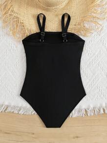 女童可爱纯色3D花朵连体泳衣，适合海滩度假，夏季 - 黑色 - 查看 2