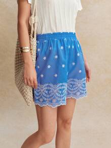 Écloséra Pantalones cortos de mujer con cintura elástica y bordado azul para vacaciones de verano