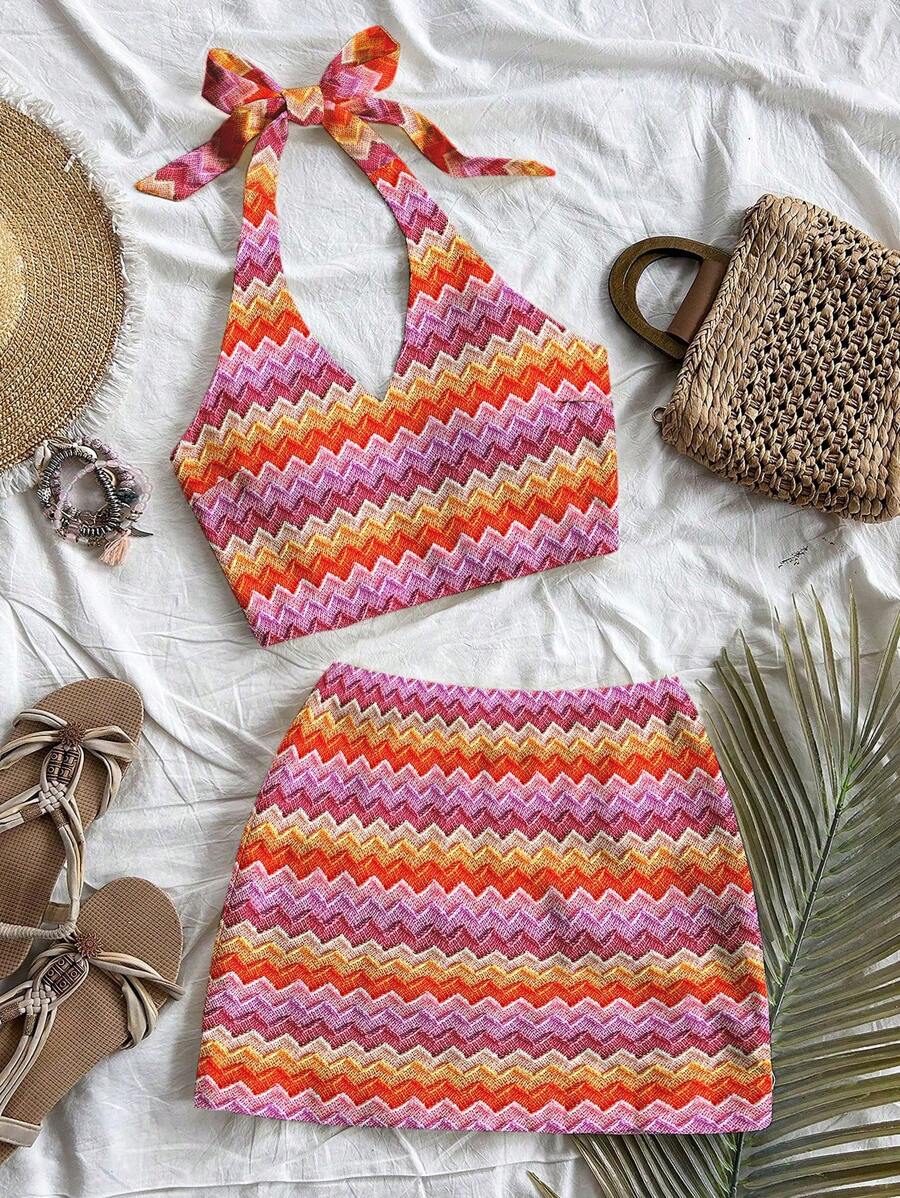 INAWLY Solva 2pcs Women Printed Halter Crop Top + Short Skirt Set - Multicolor - View 1