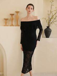 Camisón con efecto ajustado de encaje elegante y sofisticado para damas de tallas grandes - Negro - Ver 6