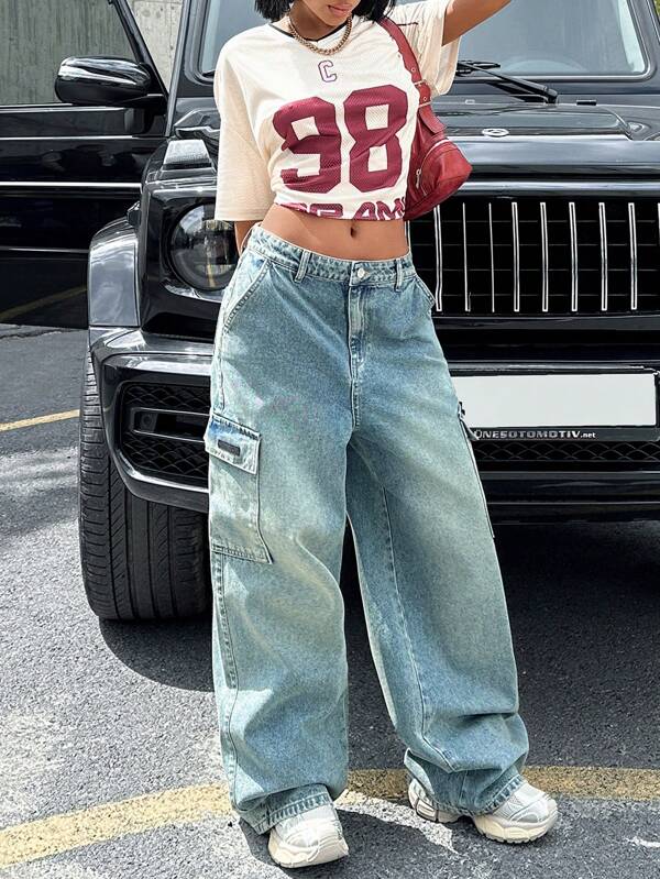 SHEIN Jeans cargo con gamba ampia e effetto lavaggio neve per donne in stile Y2K