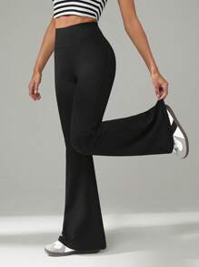 SHEIN Tall Women's Casual Plain Color High Waist Flared Pants, Stretch Work Pants - Black - View 6