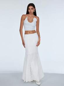 SHEIN Unity 蕾丝拼布镂空修身纯色鱼尾裙 - 白色 - 查看 4