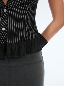 TRNVIE Women's Sleeveless Striped Collared Ruffle Hem Fitted Casual Blouse Top, Pink, Suitable For Commuting, Summer - Black and White - View 6