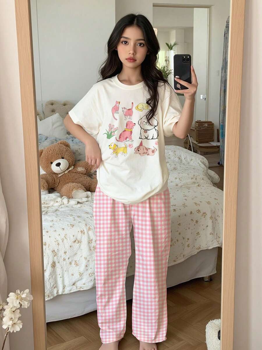 SHEIN Conjunto informal de niña preadolescente con estampado animal, top de manga corta y pantalones largos de ajuste relajado, adecuado para el verano
