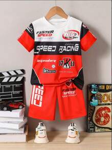 Young Boy Casual Simple Pattern Short Sleeve Round Neck T-Shirt And Shorts Set, Suitable For Summer - Red - View 5