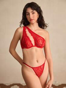 Charlaine Charlaine Set de 2 piezas de lencería romántica para mujer con hombro único, encaje y parchwork, ideal para el Día de San Valentín