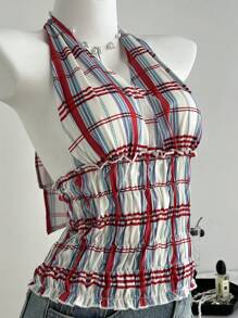 Elamini Women's Fashion Plaid Print Pleated Halter Top - Multicolor - View 6