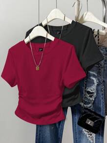 Slimming Crop Short Sleeve Top With Side Drawstring, 2Pcs Summer Casual Set For Women - Multicolor - View 3