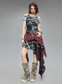 ROMWE Grunge Punk 垃圾摇滚复古前卫美式格子拼布不对称下摆分层女式半身裙 - 彩色 - 查看 7