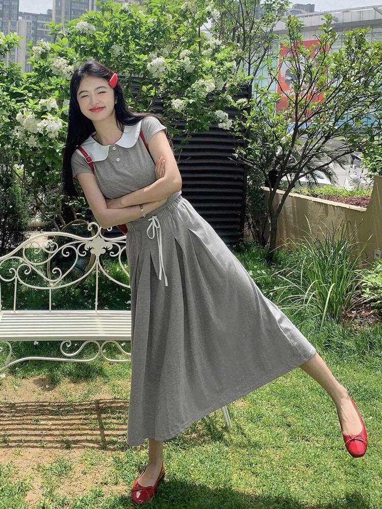 2pcs/Set Women/Teen Girls Casual Short Sleeve Grey Outfit Set
