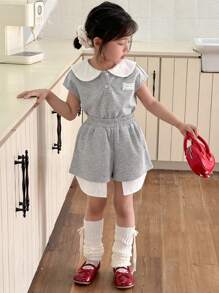 DAZY 2pcs/Set Girls Collared Casual Loose Short Sleeve T-Shirt And Shorts, Summer - Grey - View 1