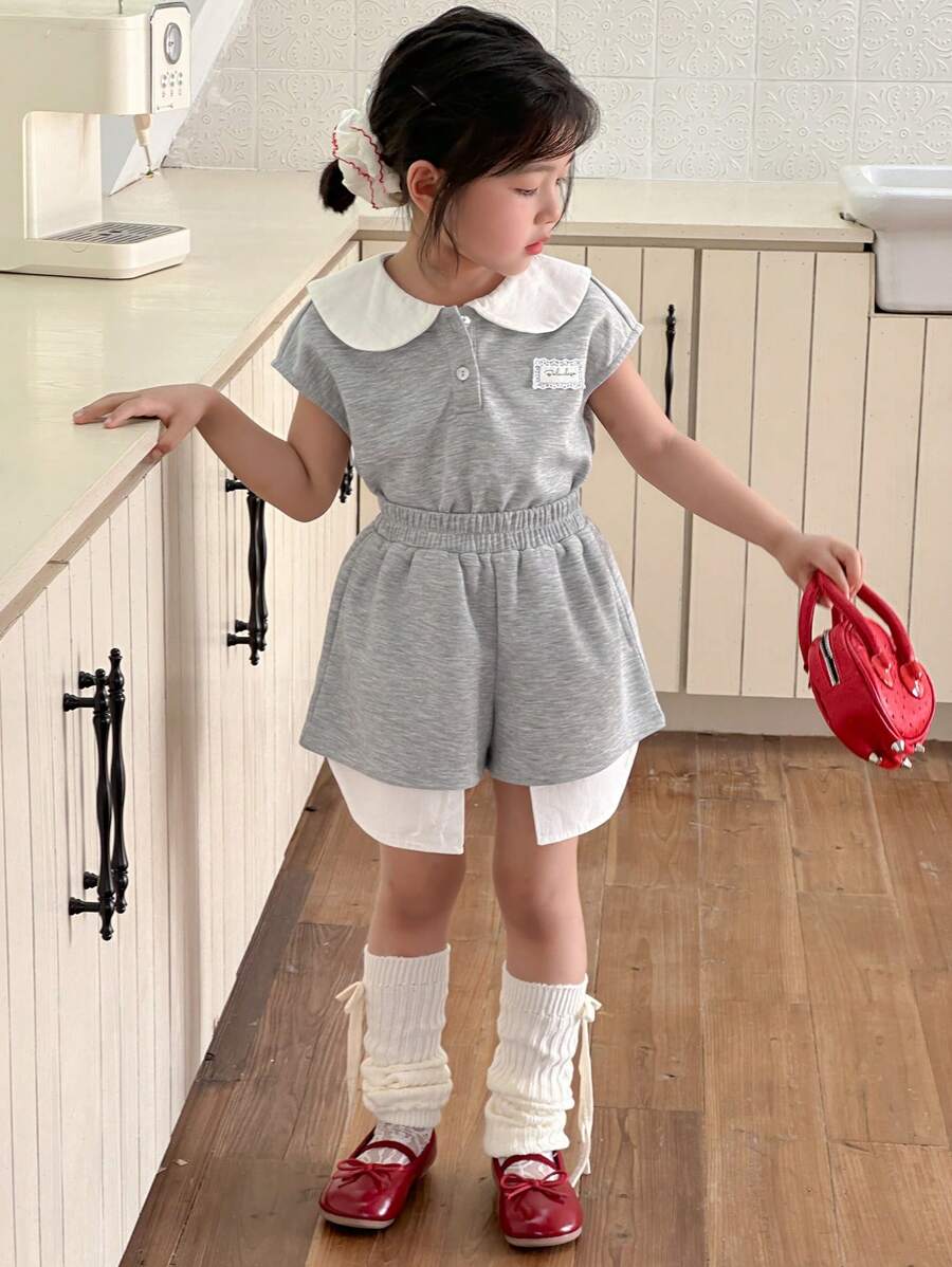 DAZY 2pcs/Set Girls Collared Casual Loose Short Sleeve T-Shirt And Shorts, Summer - Grey - View 1