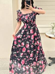 Modelyn French Square Neck Digital Floral Print Chiffon Dress For Women - Multicolor - View 4