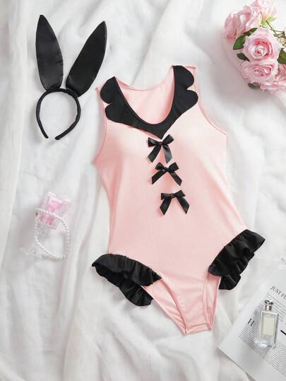 少女撞色蝴蝶装饰服装（连体衣和头带 2 件套）