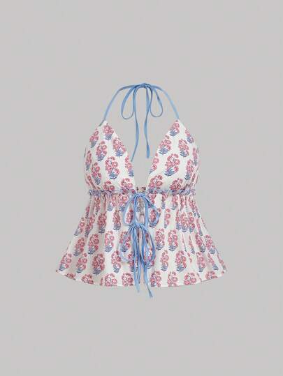 SHEIN MOD Plus Size Ditsy Floral Halter Neck Top, Fashionable For Summer Floral Top Summer Women Shorts Summer