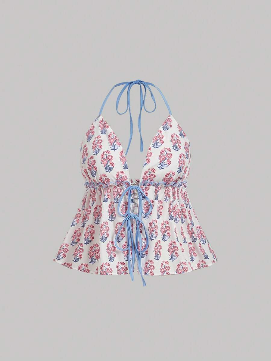 SHEIN MOD Plus Size Ditsy Floral Halter Neck Top, Fashionable For Summer Floral Top Summer Women Shorts Summer - Multicolor - View 1