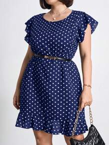 Chikora Plus Size Women's Casual Polka Dot Print Ruffle Trim Dress, Does Not Include Belt, For Summer,Office Outfits For Women