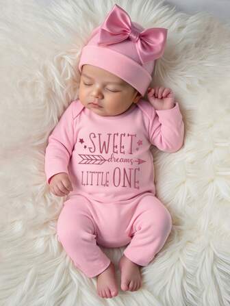 SHEIN 2-delige outfit voor pasgeboren meisjes - Romper met geborduurde letters en strik in haarband, schattige en schattige prinsessenstijl, los en comfortabel, geschikt voor kinderen van 0-3 maanden, geschikt voor verjaardagsfeestjes, dagelijks gebruik, reizen, alle seizoenen